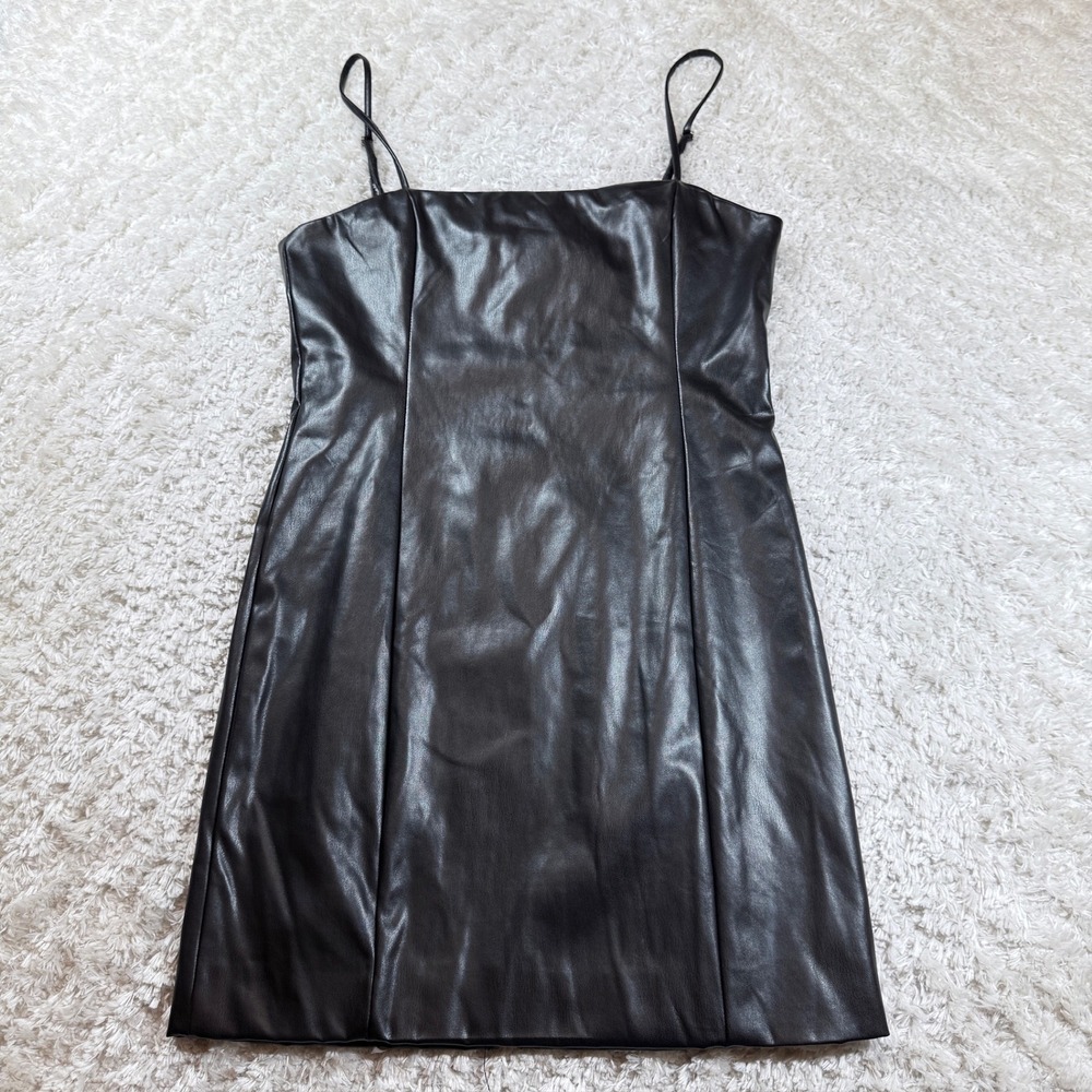 Endless Blu Faux Leather Cami Mini Dress L Black Sleeveless Party Cocktail NWT